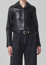 Belle Leather Jacket in Shiny Cracked Black front