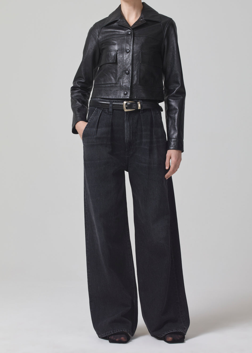 Belle Leather Jacket in Shiny Cracked Black front