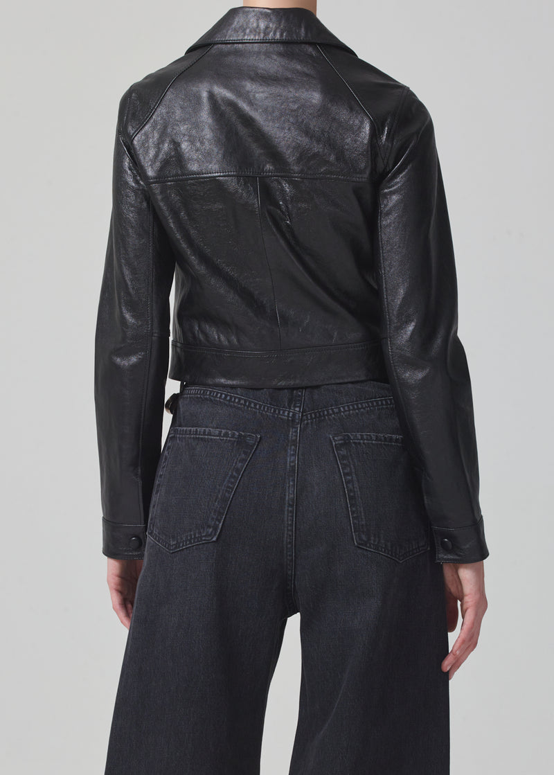 Belle Leather Jacket in Shiny Cracked Black back