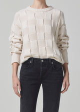 Basket Weave Crewneck Sweater in Cream Top front