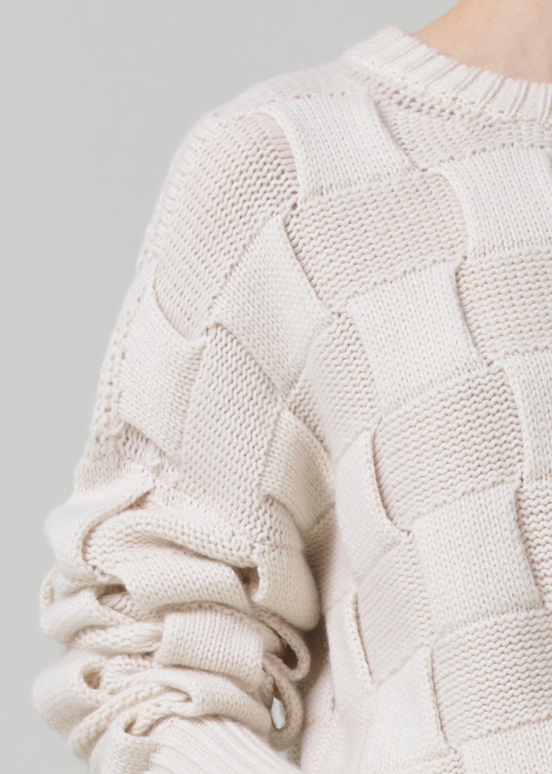 Basket Weave Crewneck Sweater in Cream Top detail