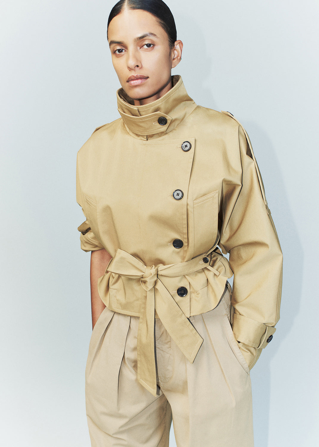 Kiernen Cropped Barn Jacket in British Tan styled on model