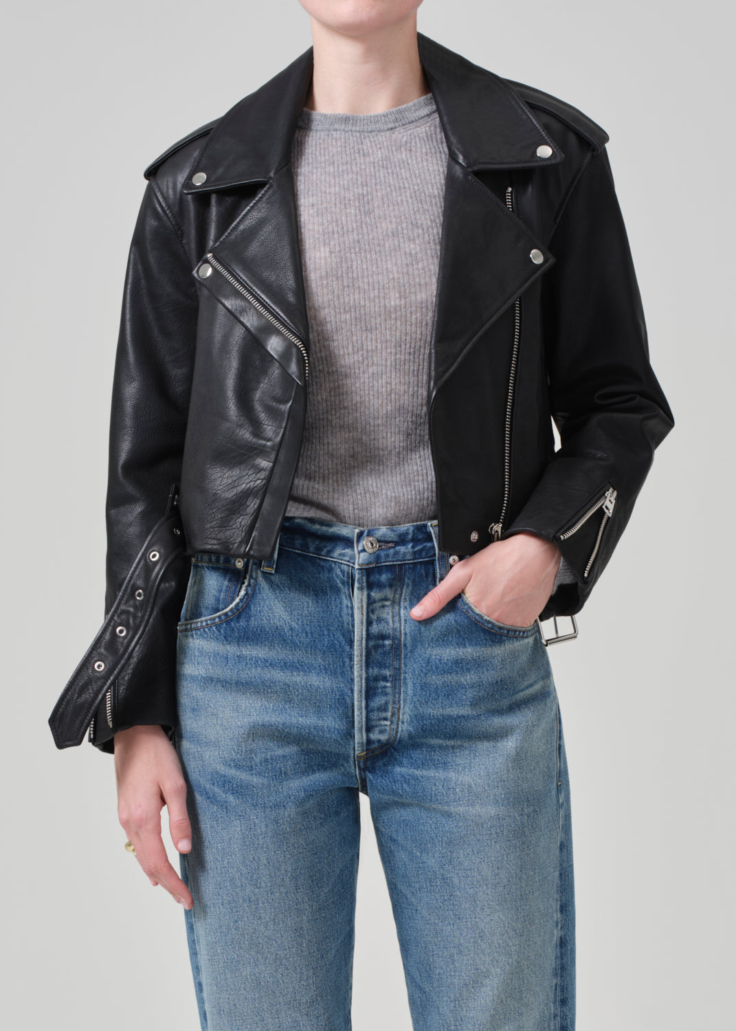 Kindra Cropped Moto Jacket in Black front