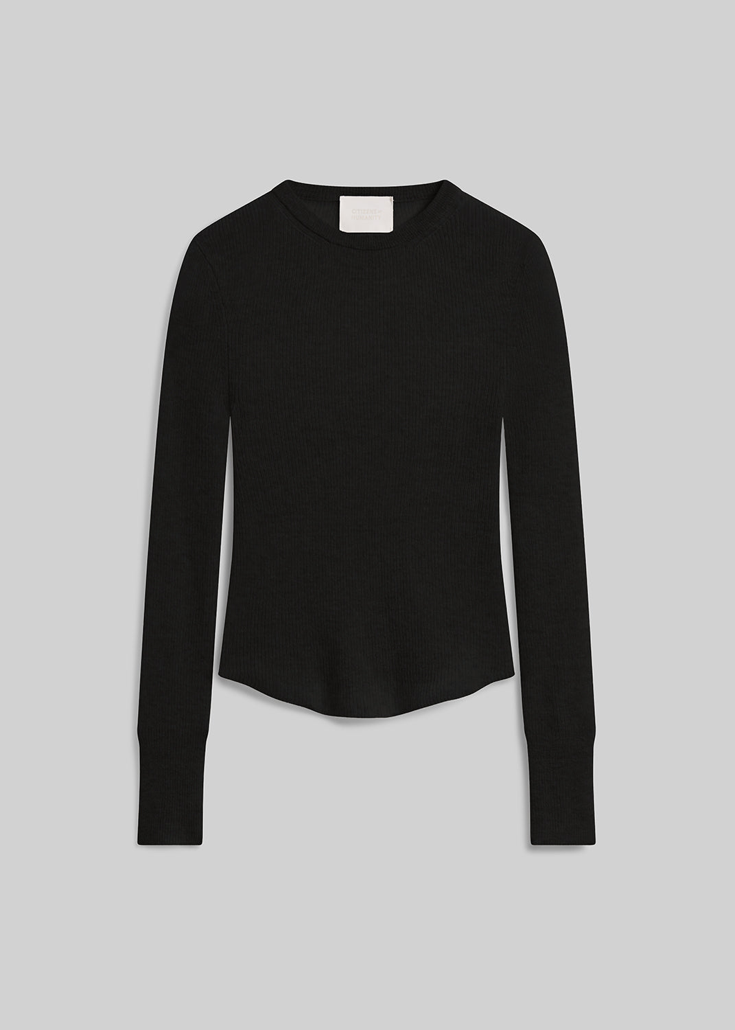 Black ribbed long sleeve crewneck sweater on grey background