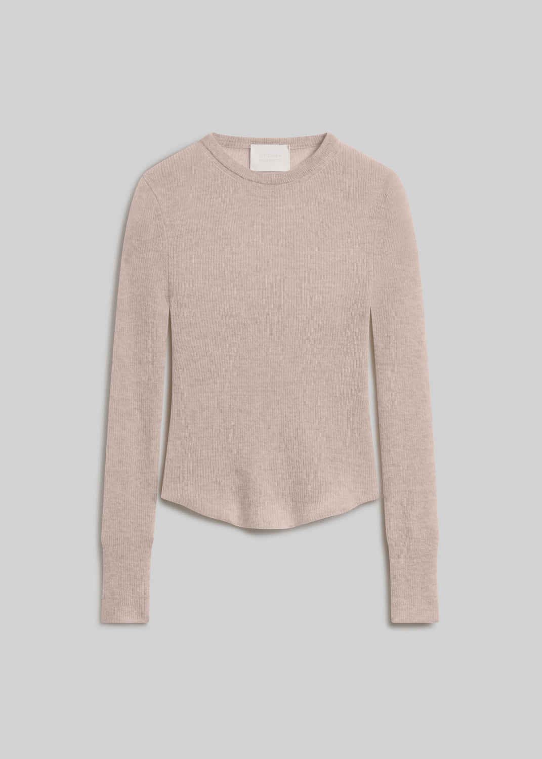 Oatmeal long-sleeve ribbed knit crewneck sweater with a fitted silhouette and curved hem, front flat lay view on a grey background.