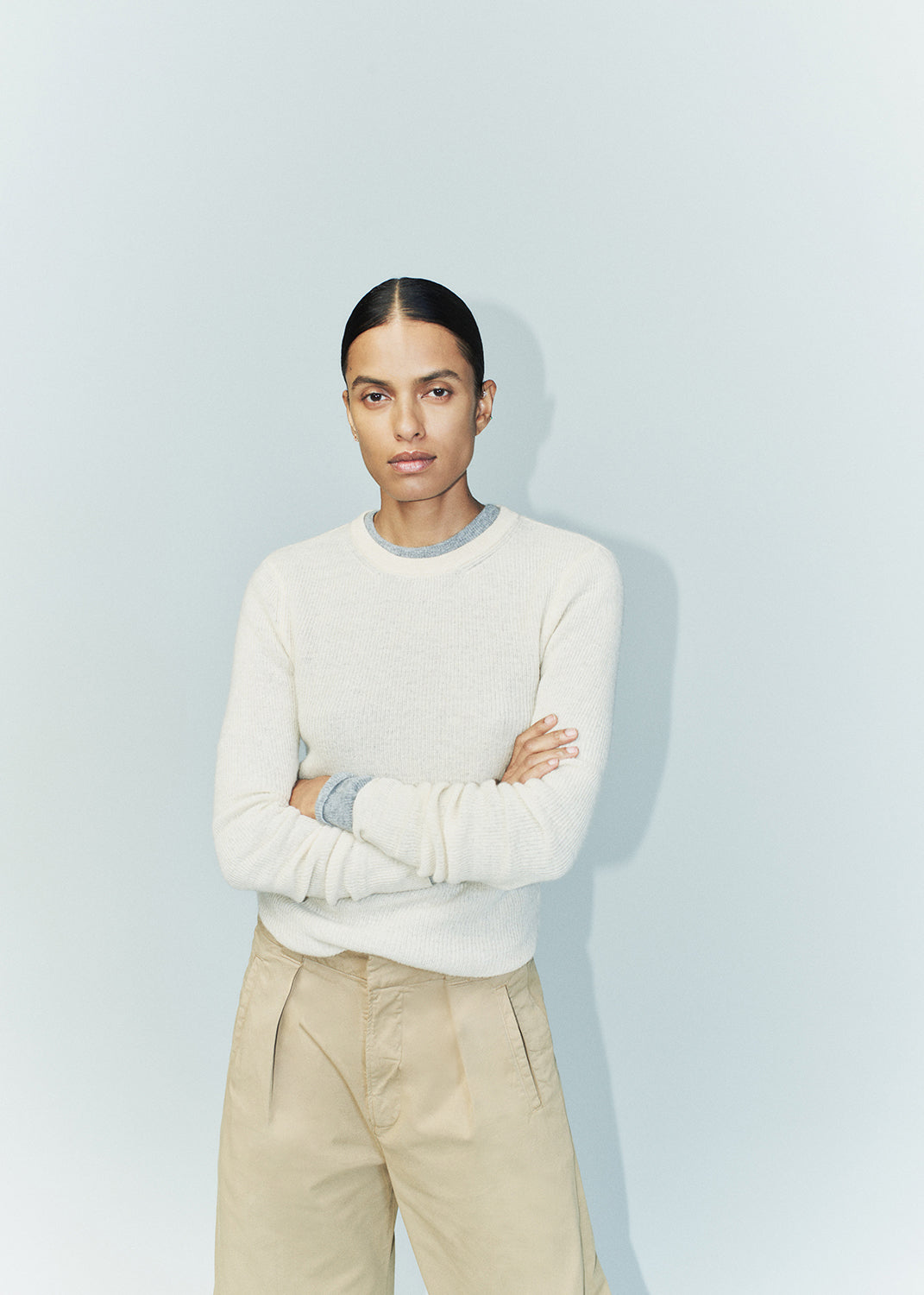 Alessia Crewneck Sweater in Cream styled on model