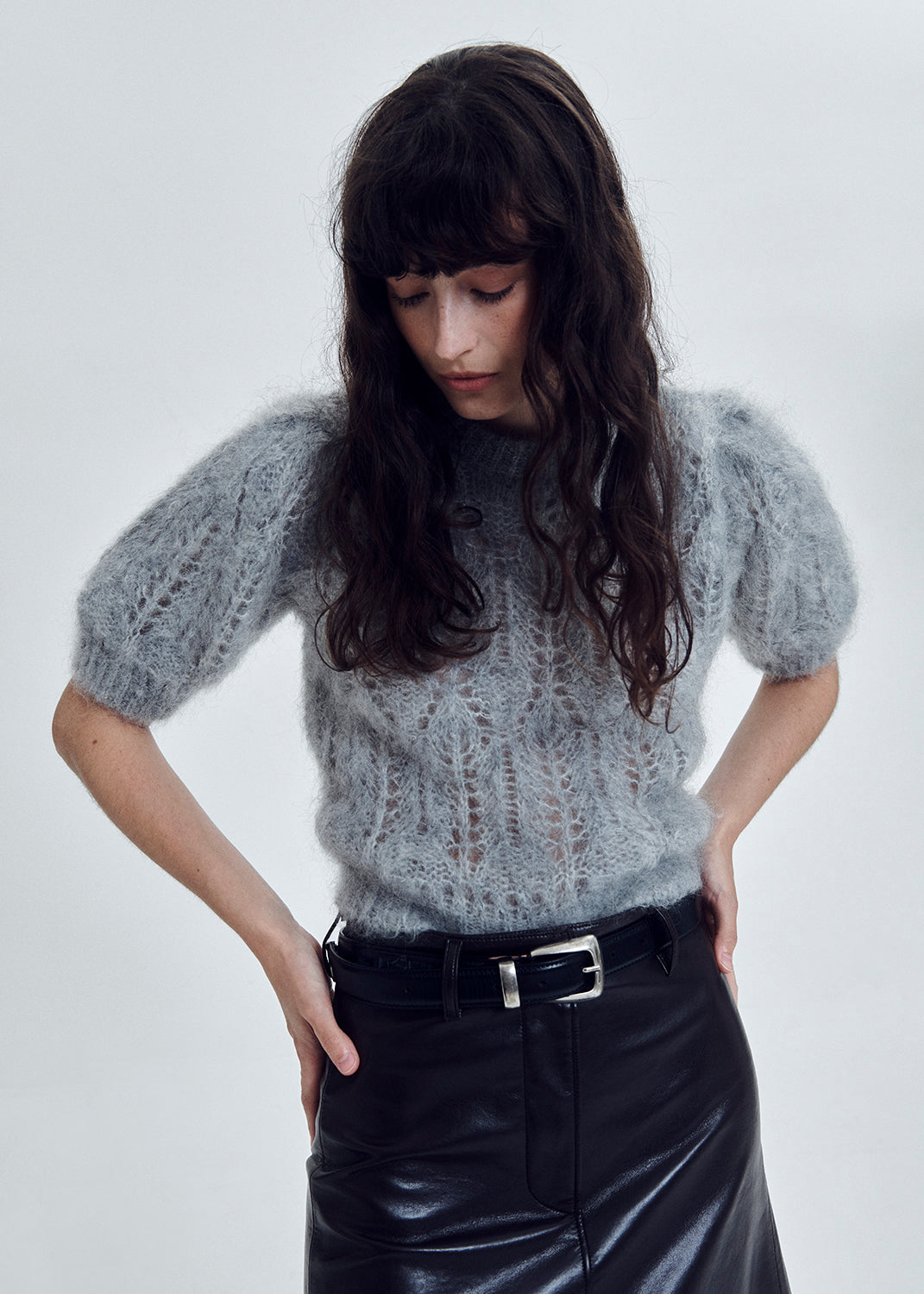 Odette Puff Sleeve Sweater in Heather Grey styled