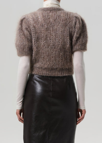 Person wearing a brown knitted short-sleeve sweater over a white turtleneck and brown leather skirt on a light gray background.