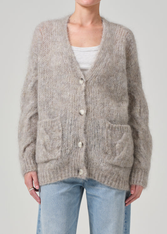 Padma Cable Cardigan in Oatmeal Grey front