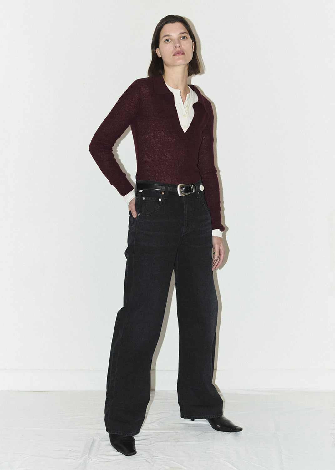 Simone Polo Sweater in Burgundy styled on model 