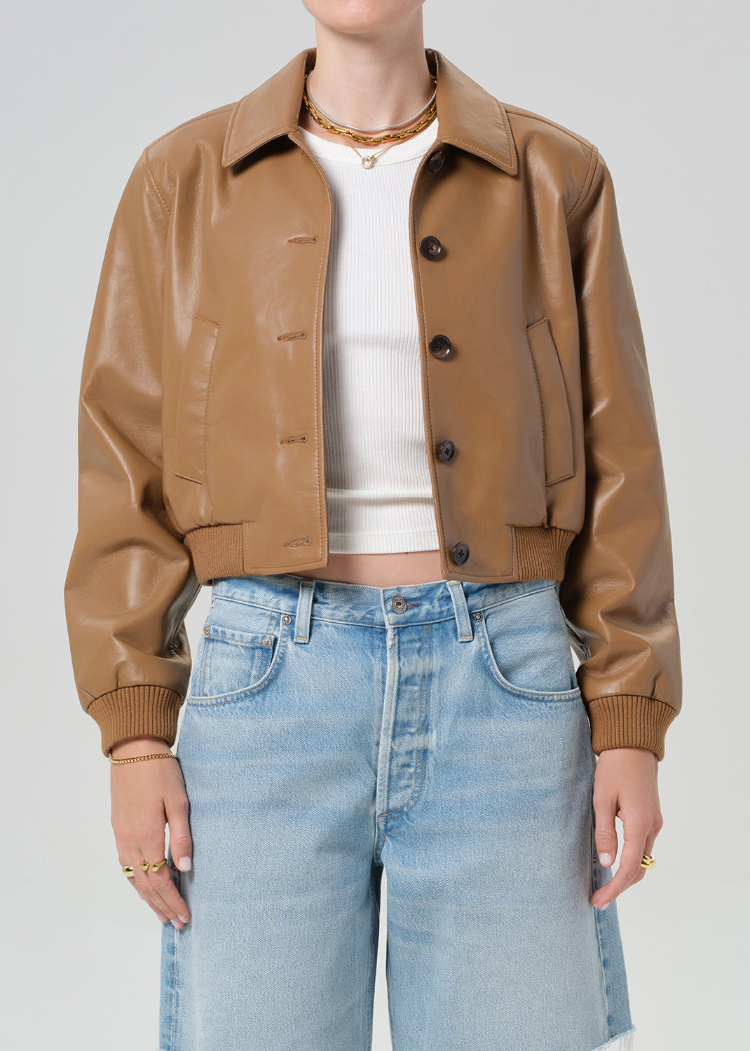 Lola Bomber Recycled Leather
In Pale Toffee