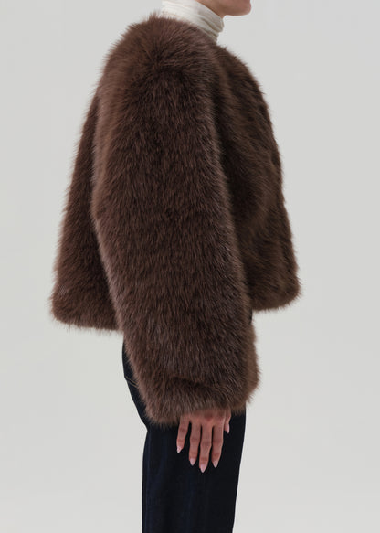 Brown fur coat worn by a person on a light gray background