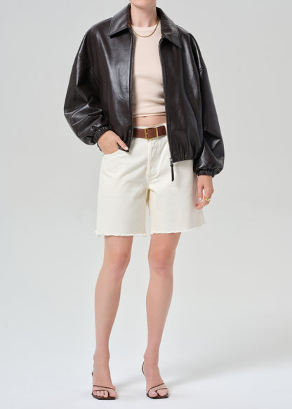 Bubble Hem Leather Bomber Jacket in Chocolate Dark Brown
