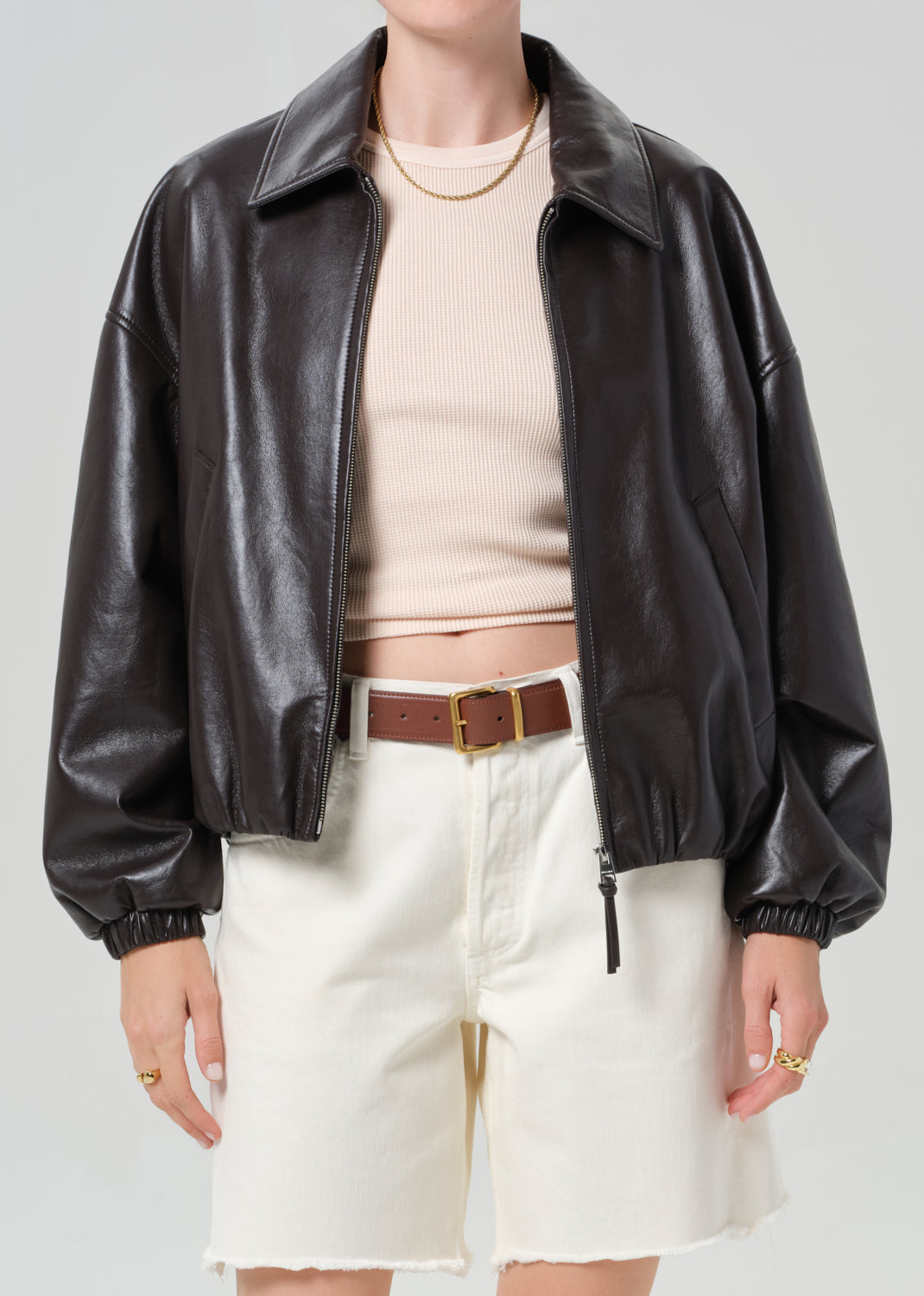 Bubble Hem Leather Bomber Jacket
In Chocolate Dark Brown