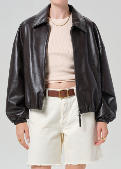 Bubble Hem Leather Bomber Jacket in Chocolate Dark Brown
