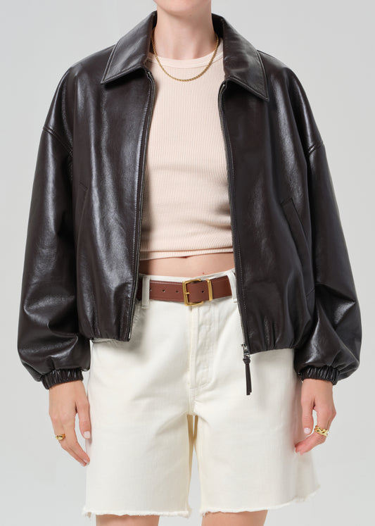 Bubble Hem Leather Bomber Jacket in Chocolate Dark Brown
