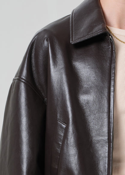 Bubble Hem Leather Bomber Jacket in Chocolate Dark Brown