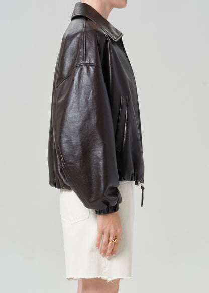 Bubble Hem Leather Bomber Jacket in Chocolate Dark Brown