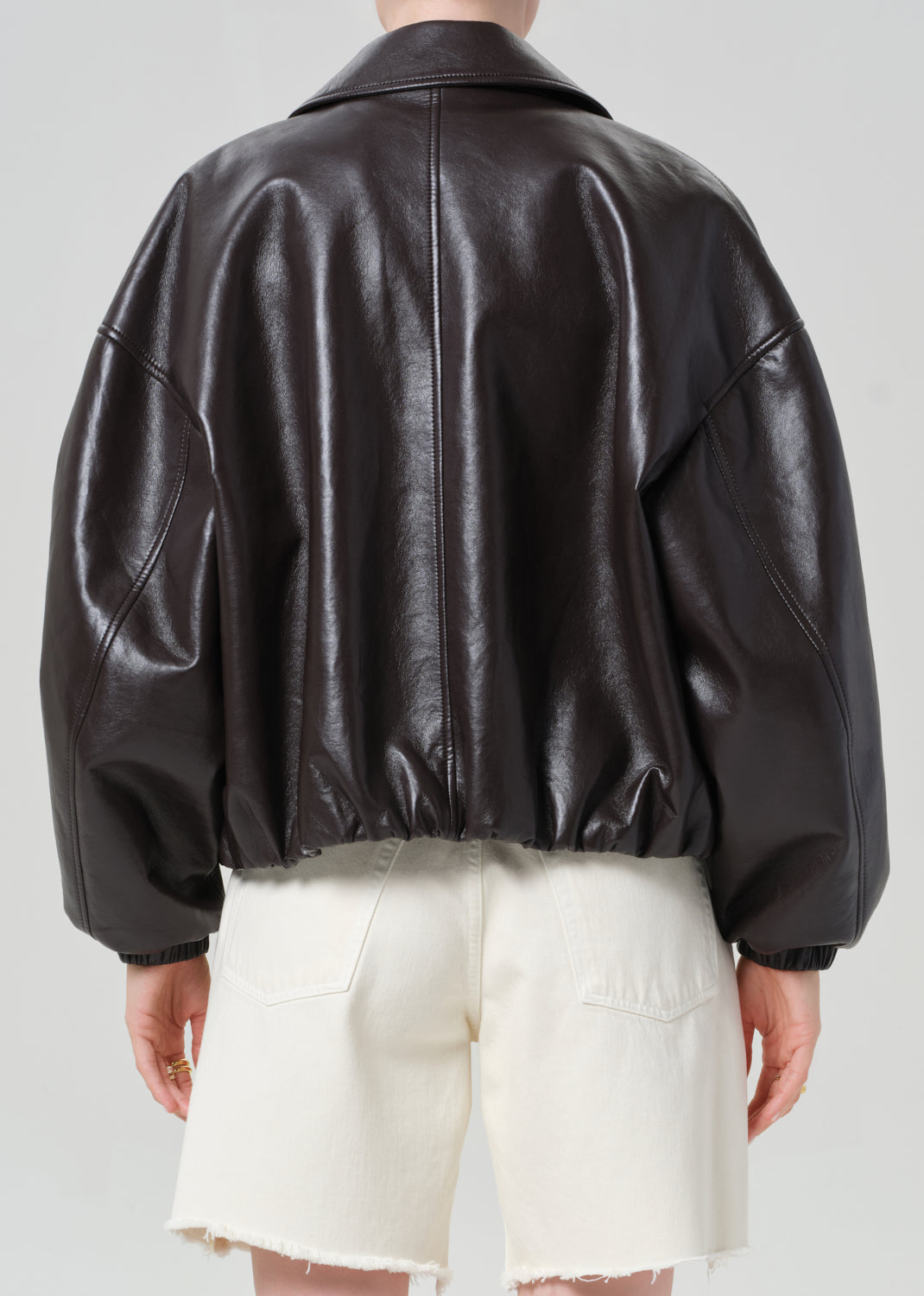 Bubble Hem Leather Bomber Jacket in Chocolate Dark Brown