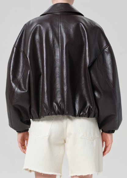 Bubble Hem Leather Bomber Jacket in Chocolate Dark Brown