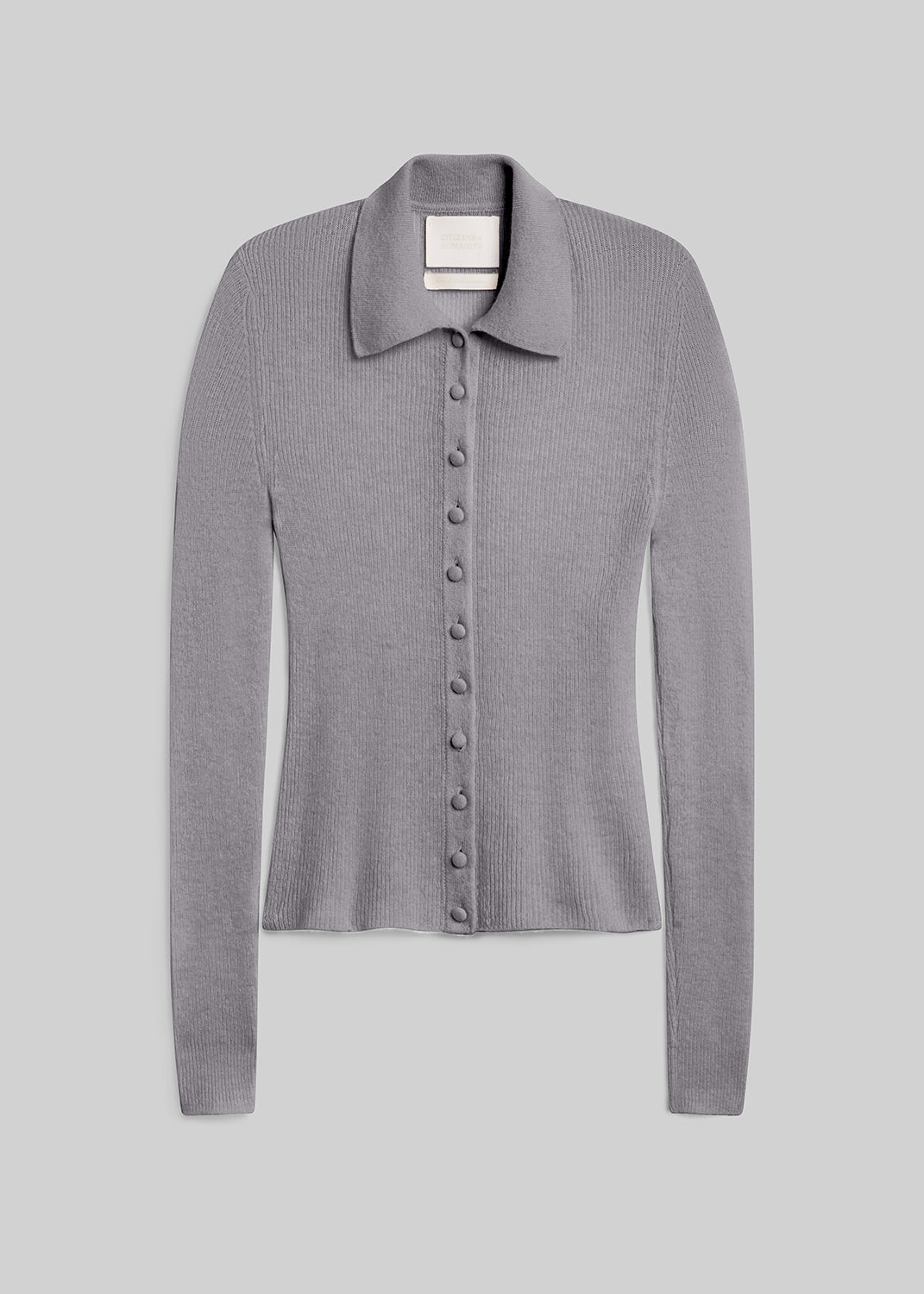 Heather grey ribbed button-front cardigan sweater on grey background
