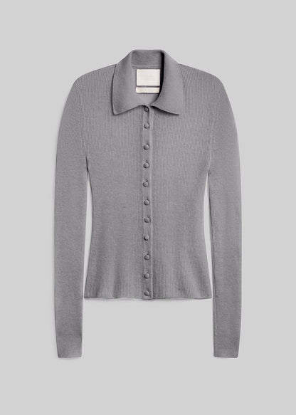Heather grey ribbed button-front cardigan sweater on grey background