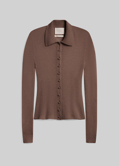 Paloma Cardigan Sweater in Mushroom, featuring a fitted silhouette, taupe-brown ribbed knit, pointed collar, long sleeves, and tonal buttons down the front, front view on a grey background.