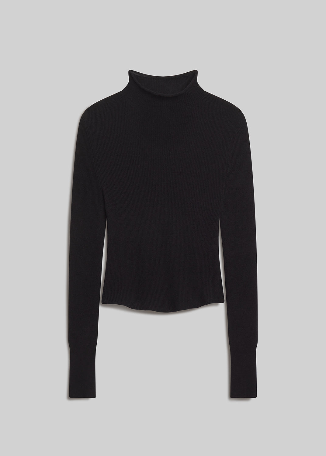 Black long sleeve turtleneck sweater on grey background