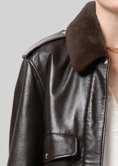 Close-up of dark brown leather bomber jacket showing the shearling collar and smooth leather texture.