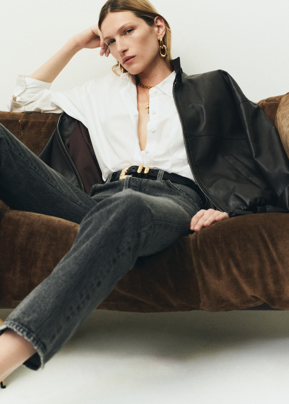 90’s French in Lumiere, Barracuta Bubble Jacket in Chocolate, Petit Ami Shirt in White.