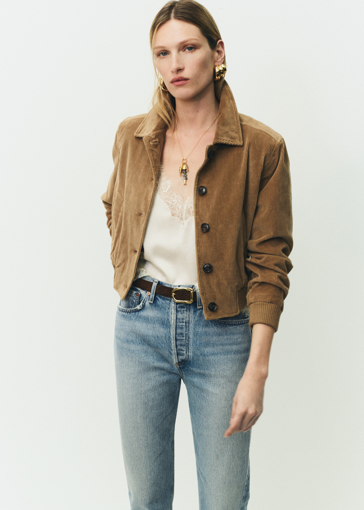 Blaine in Parisol, Lola Eve Bomber in Amber, Lace Trimmed Cami in Cream