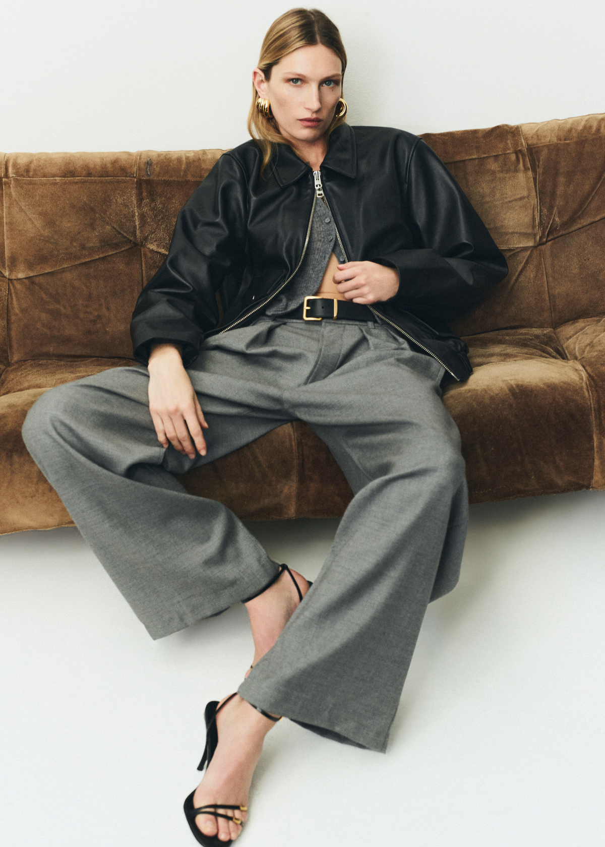 Ines Trouser Wool in Gris, Zip Front Bomber Jacket in Black, Tabitha Cardigan Sweater in Charcoal Heather.