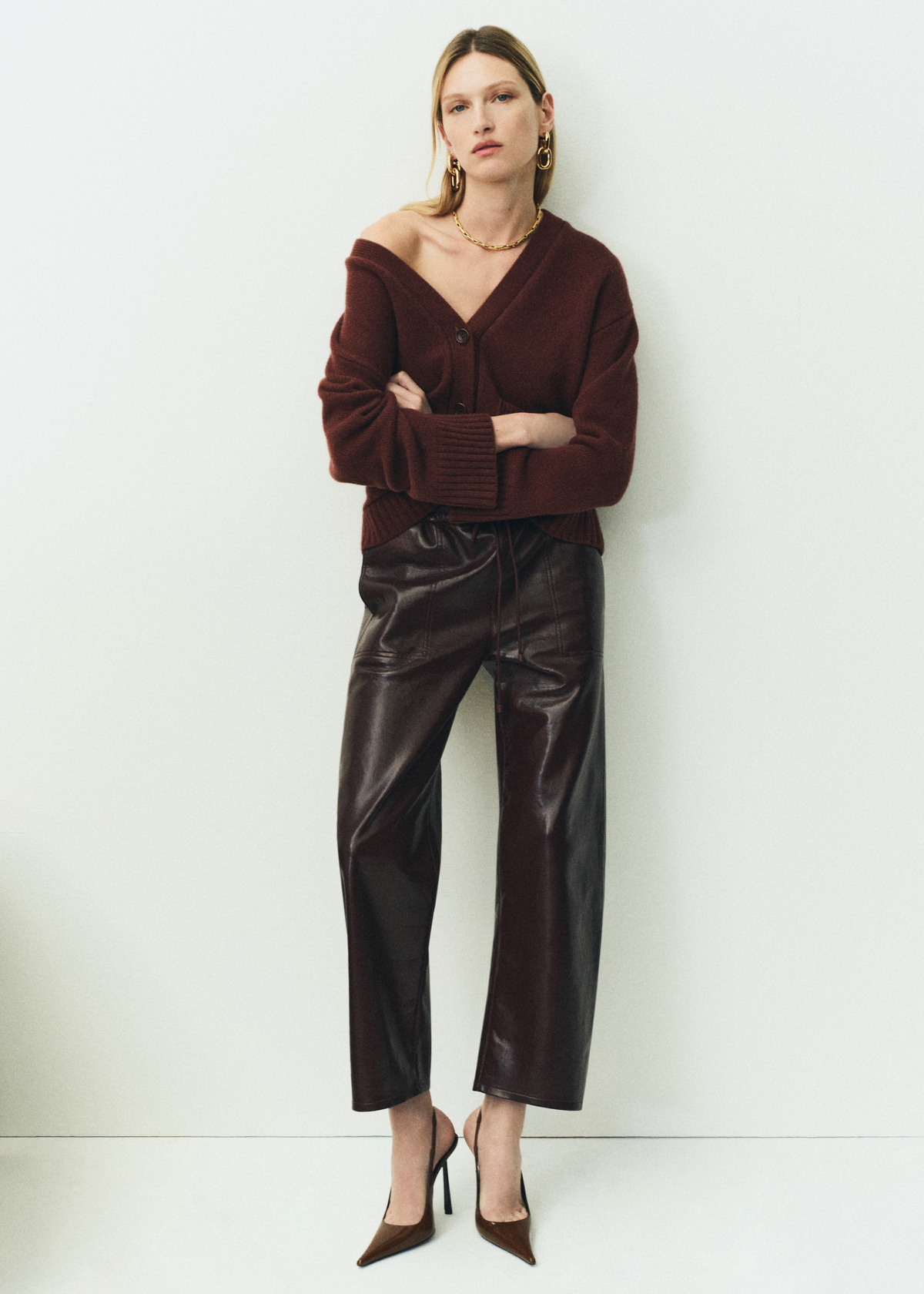 Rework Pull-on Leather in Burgundy, Essential Slouchy Cardigan Sweater in Torrone