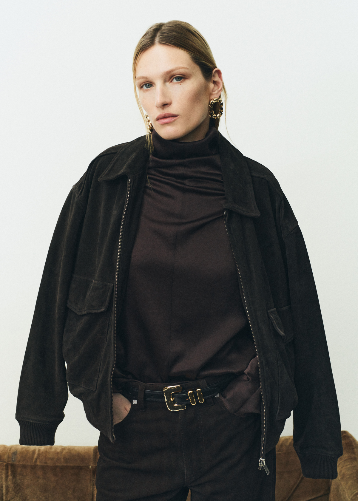 Miro Suede in Chocolate, Vivienne Suede Jacket in Chocolate Brown, Ilaria Draped Top 
in Espresso