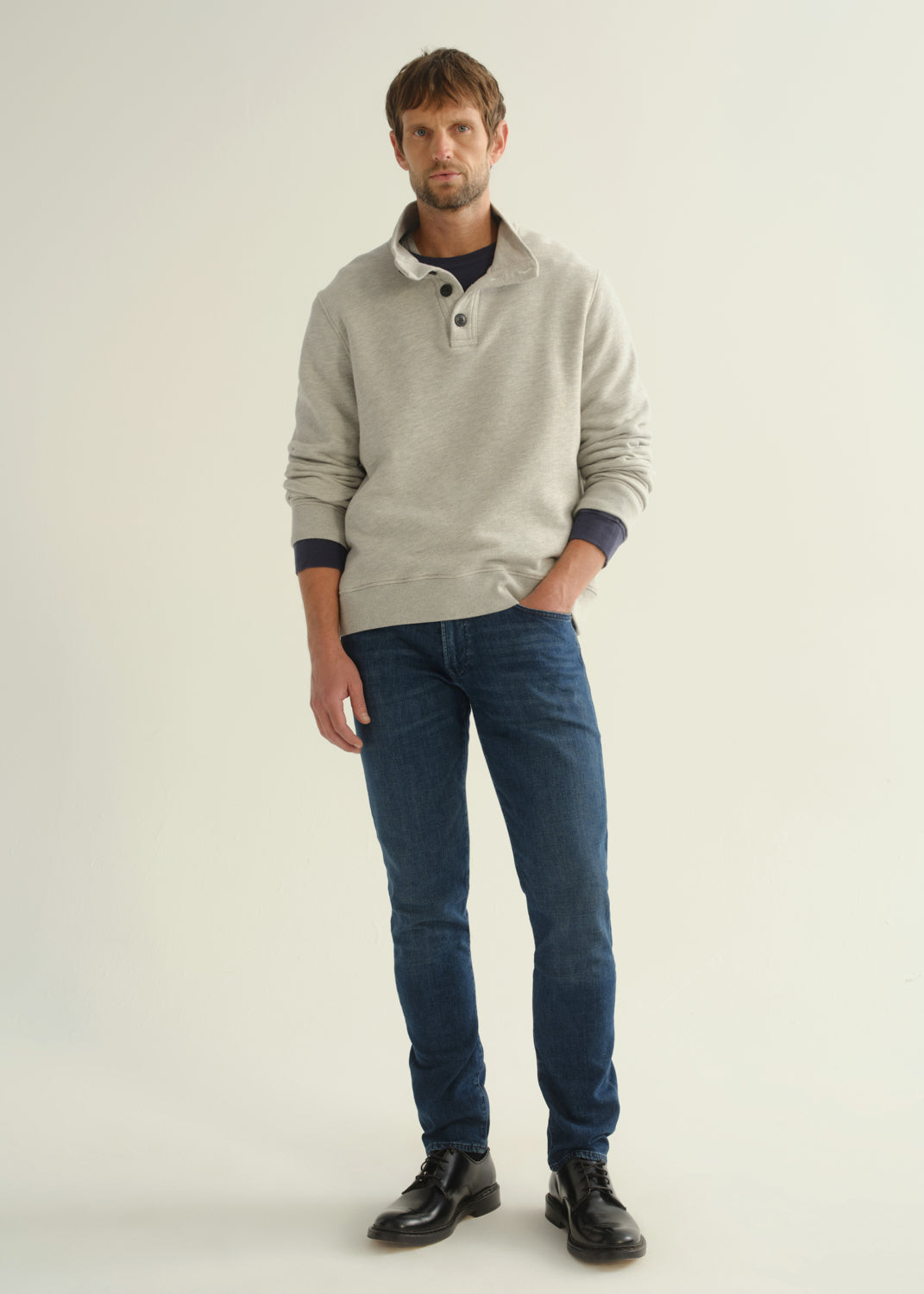 half button pullover heather grey + waffle crewneck vintage navy