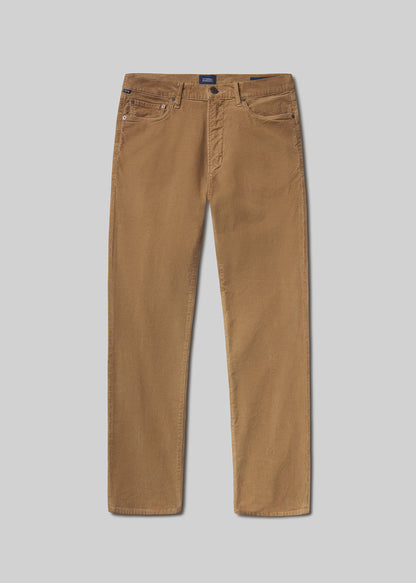 Flat lay shot of brown pants on a grey background