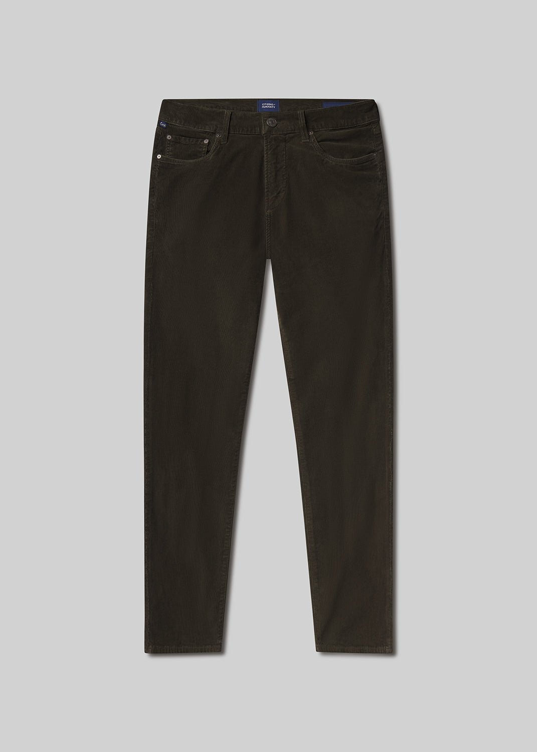 Flat lay shot of dark brown jeans on a grey background