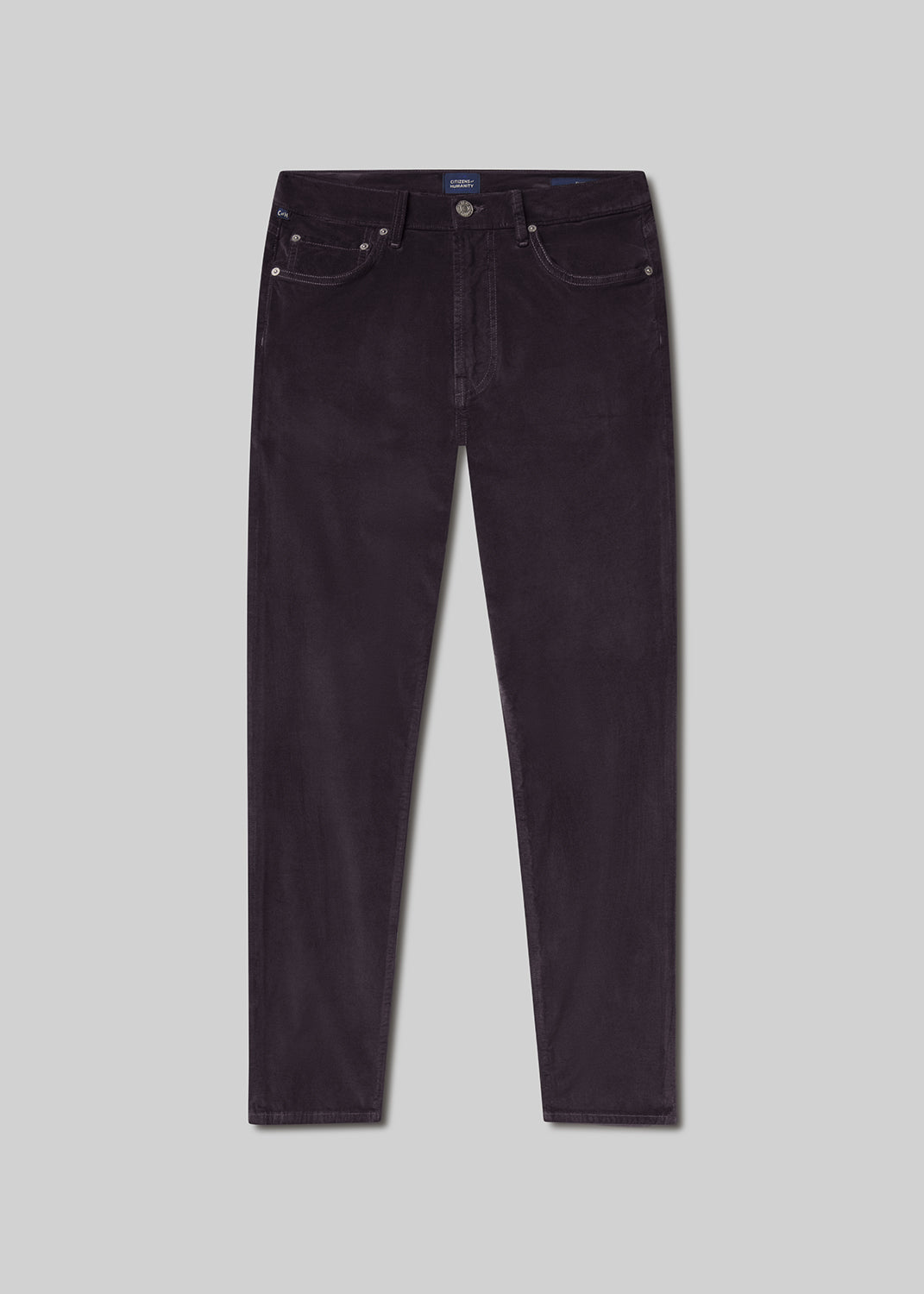 Dark plum velvet pants, front product view
