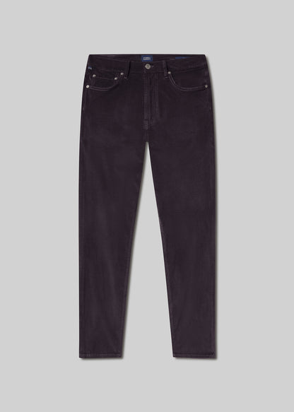 Dark plum velvet pants, front product view
