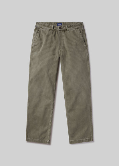 Flat lay shot of a pair of olive green pants on a light grey background