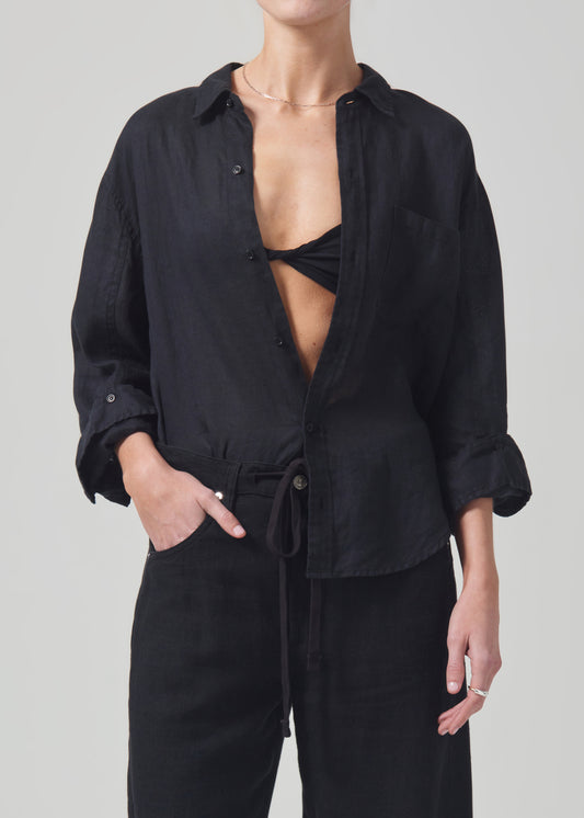 Kayla Shrunken Linen Shirt in Black