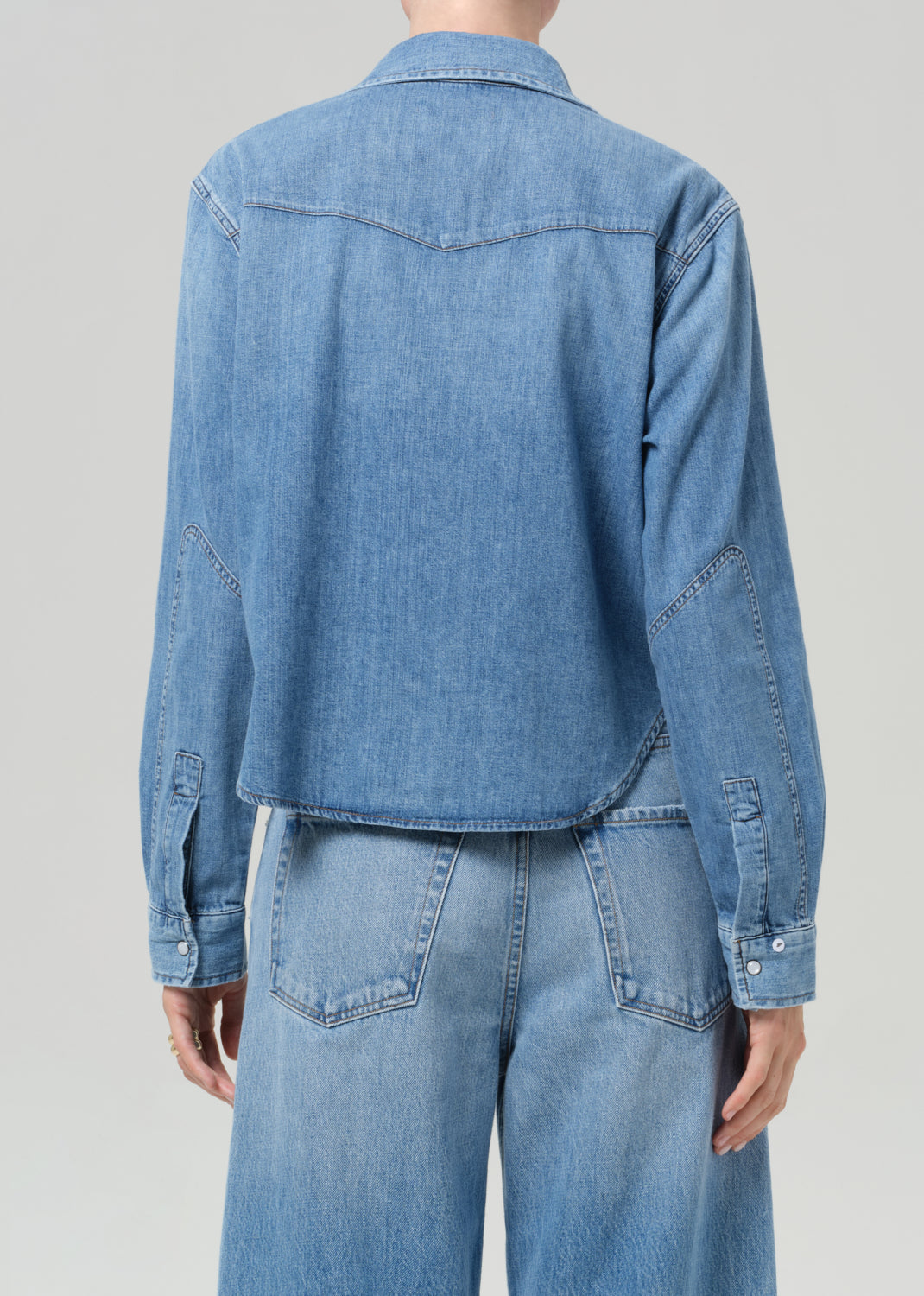 Person wearing a blue denim shirt and jeans on a gray background