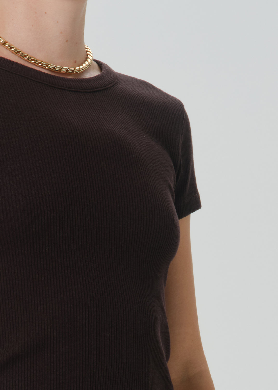 Close-up of a person wearing a dark brown ribbed short-sleeve crewneck top and a gold chain necklace against a grey background.