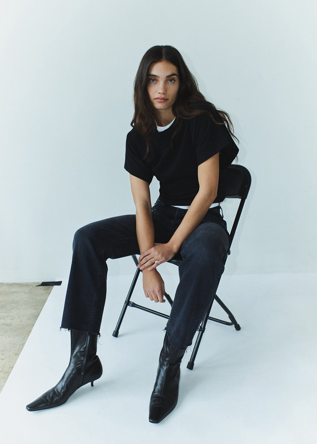 Fiora Origami Tee in Black styled on model