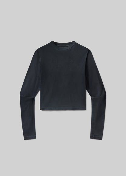 Black long-sleeve shirt on a light gray background