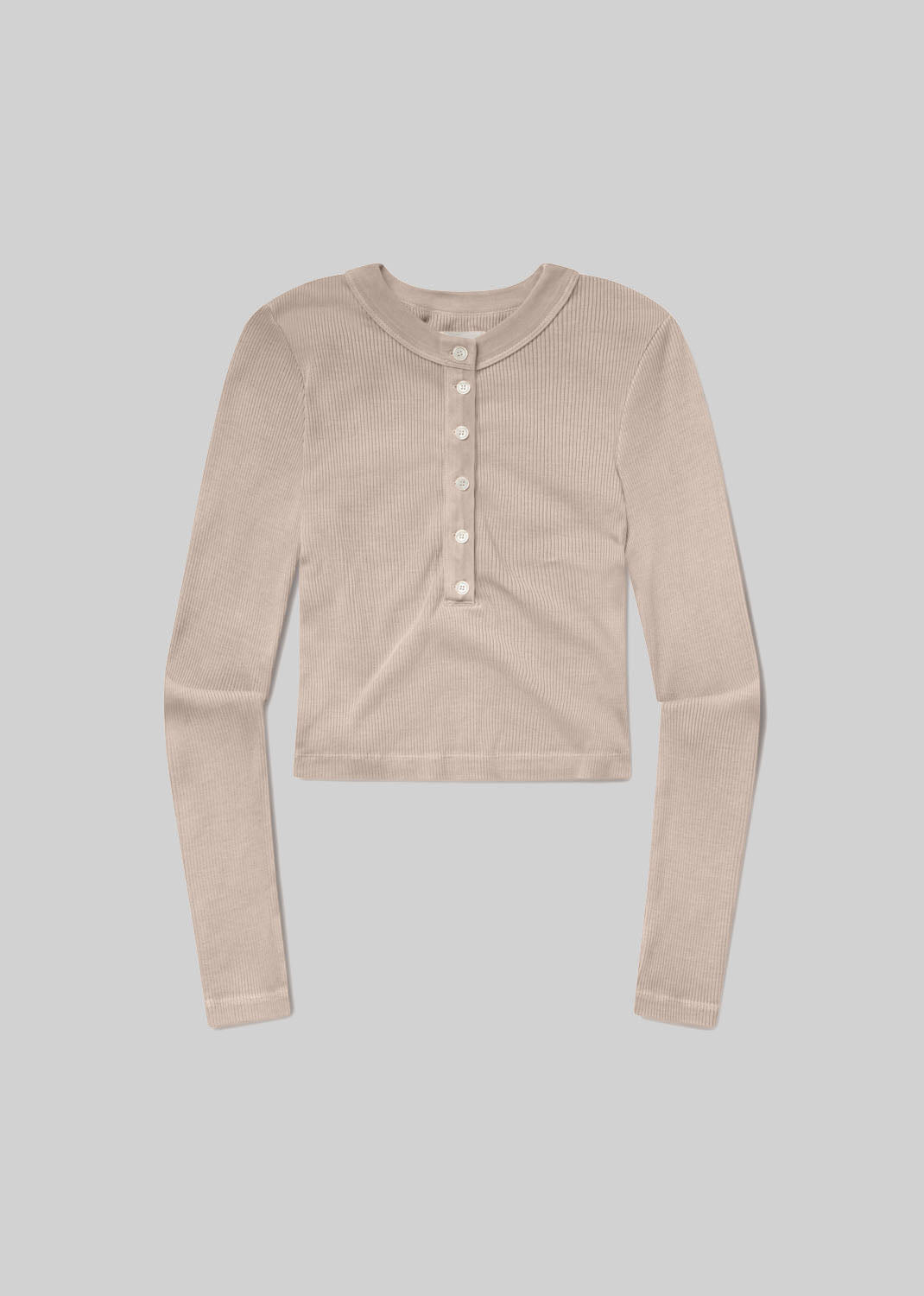 Beige long-sleeve ribbed Henley top with a round neckline, six-button front placket, fitted silhouette, and straight hem, front flat lay view on a grey background.
