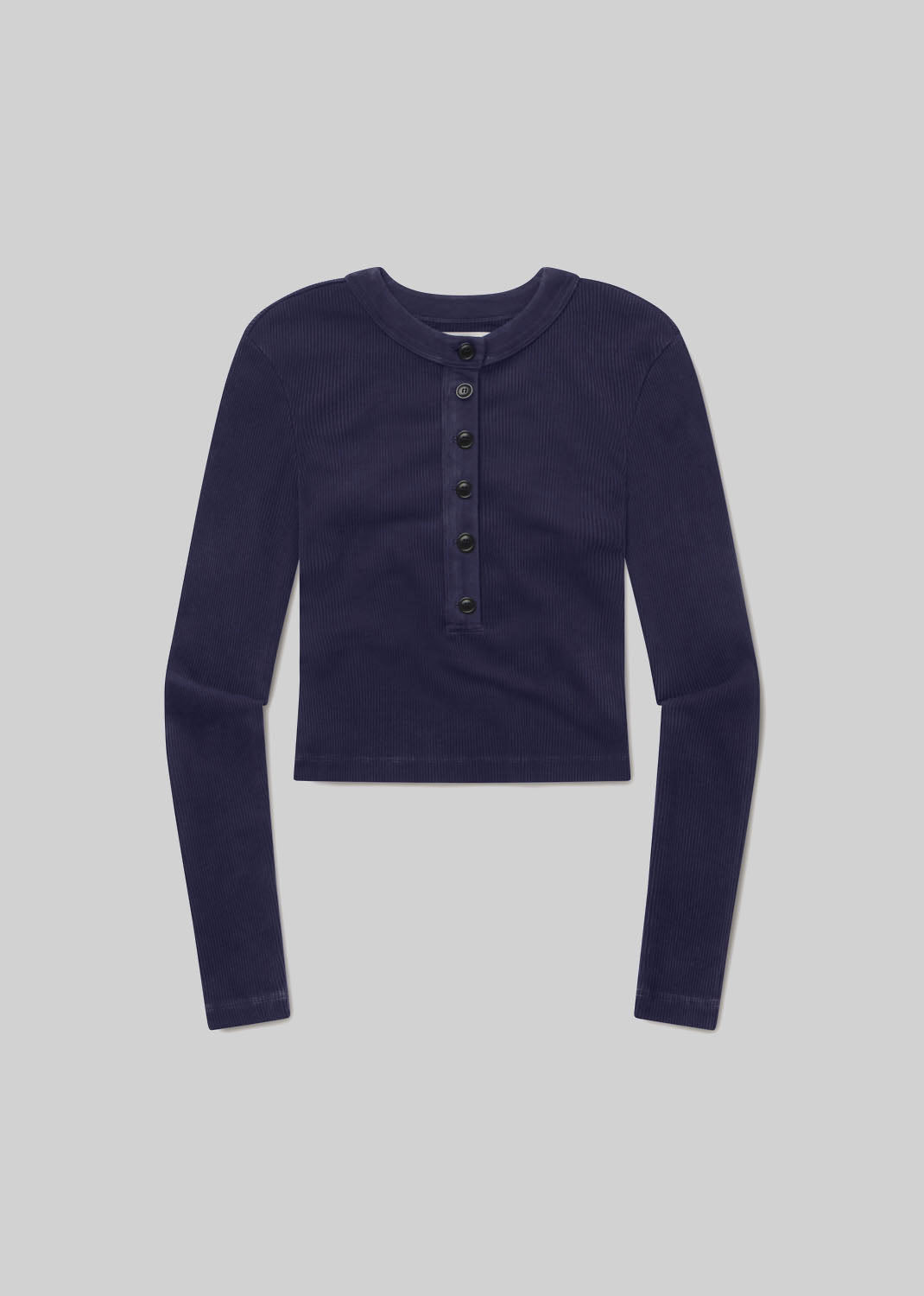 Mineral navy long-sleeve ribbed Henley top with a round neckline, six-button front placket, fitted silhouette, and straight hem, front flat lay view on a grey background.