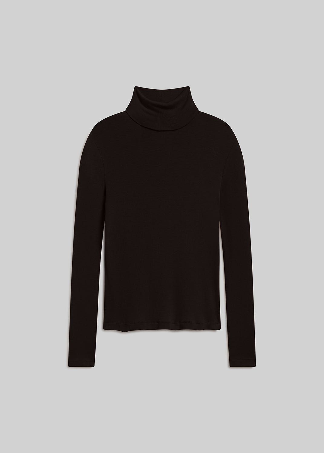 Chocolate brown long sleeve turtleneck top on grey background