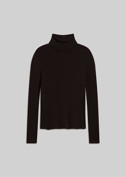 Chocolate brown long sleeve turtleneck top on grey background