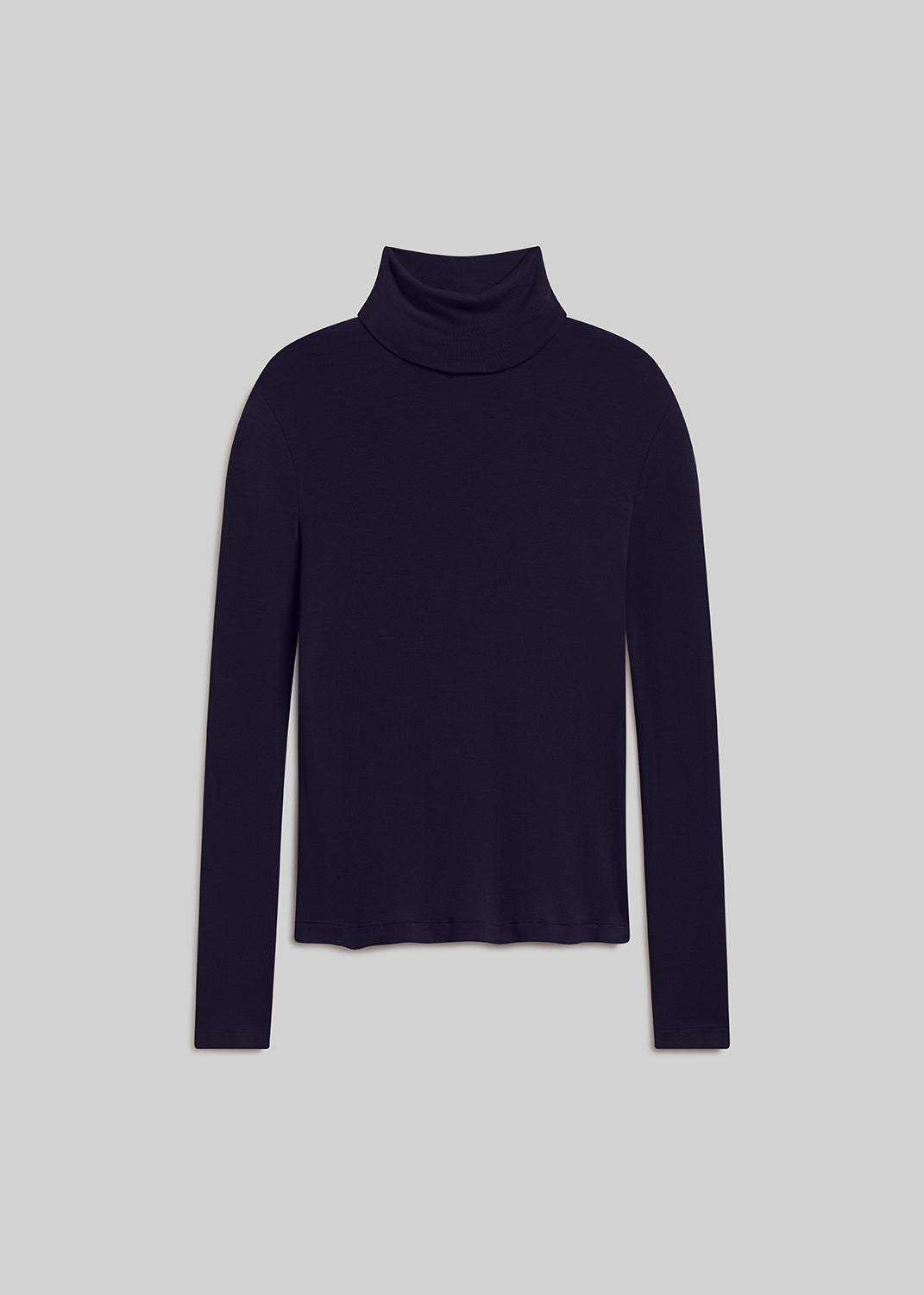 Navy long sleeve turtleneck top on grey background